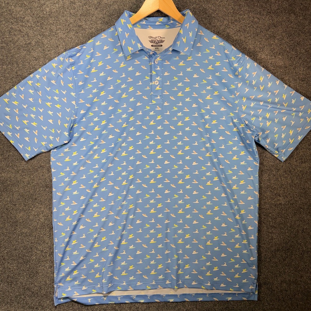 Straight Down Golf Polo Shirt Men's XXL Blue Dogs on Surfboards AOP Performance